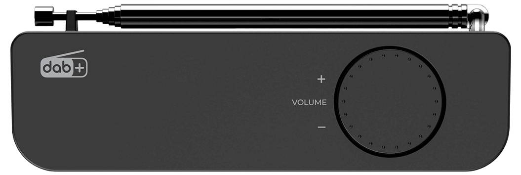 Egy téglalap alakú DAB+ rádió kihúzható teleszkópos antennával, hangerőszabályzó tárcsával és minimalista fekete dizájnnal.