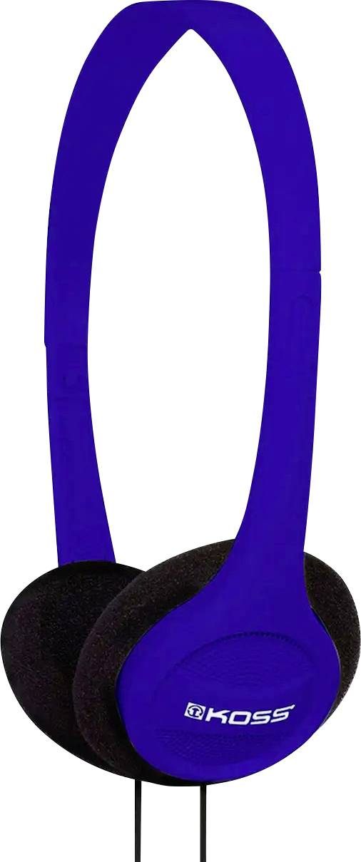 Egy kék, fejre illeszkedő fejhallgató vékony fejpánttal, amelynek fülkagylóin a Koss logó látható.