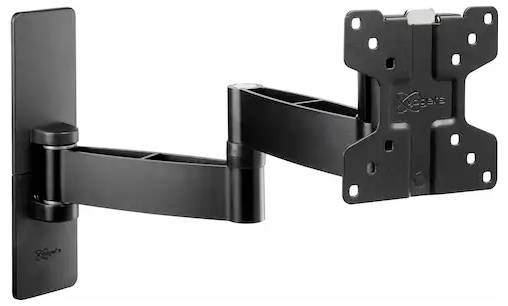Állítható fekete fali tartókonzol lapos képernyős televíziókhoz, amely forgatható karokkal és több rögzítési ponttal rendelkezik a sokoldalú elhelyezéshez.