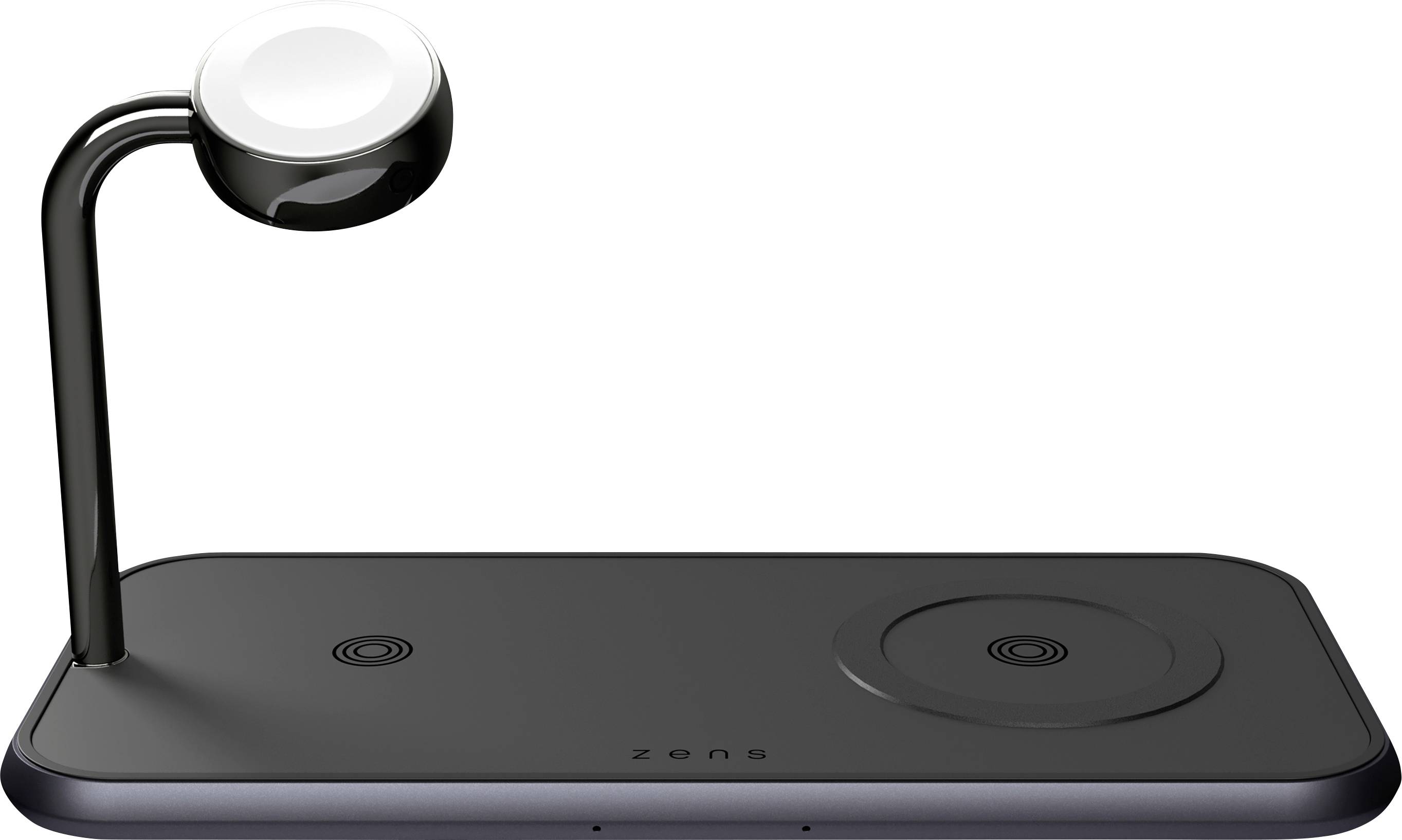 Egy fekete töltőállomás két lapos felülettel és egy emelt állvánnyal egy okosóra részére.