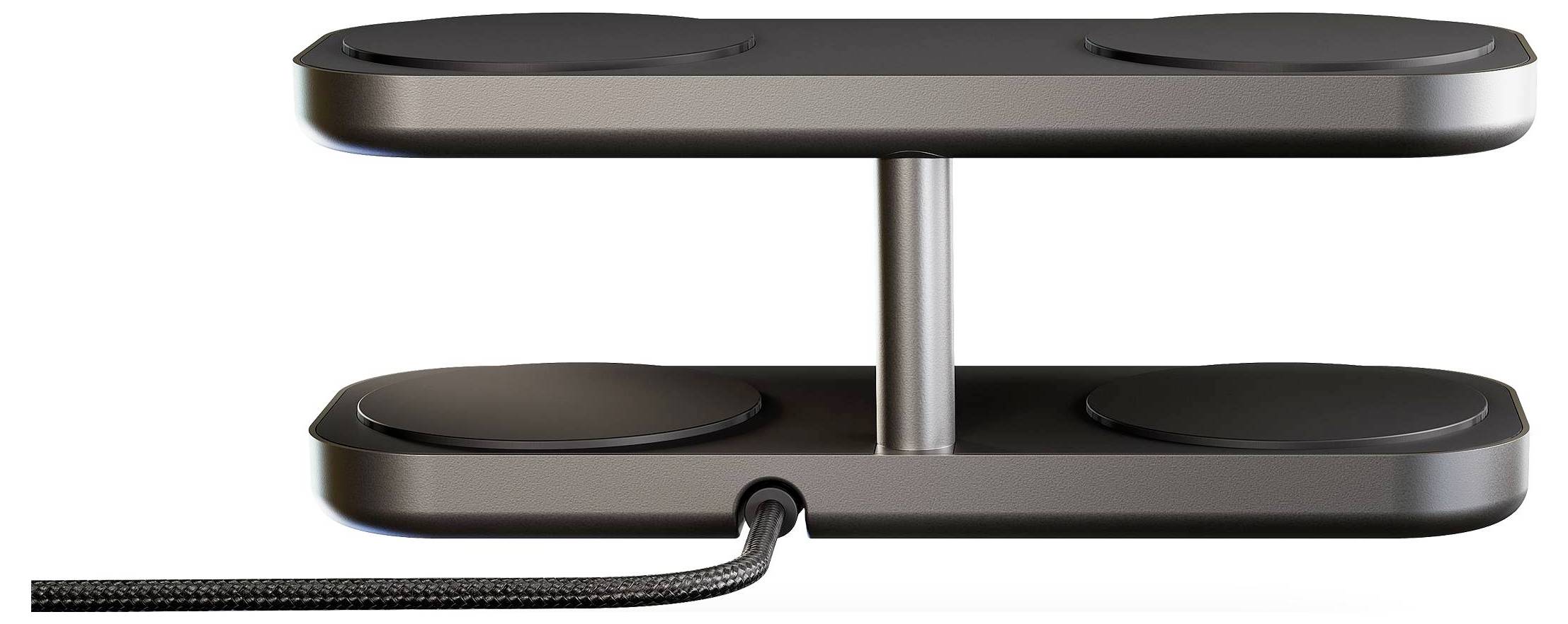 Egy karcsú, modern vezeték nélküli töltőállomás, amely két töltőpárnát foglal magában, függőlegesen egymás fölött elhelyezve, középső támasztórúddal és kábellel összekötve.