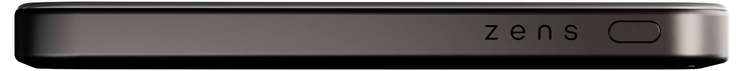 Egy karcsú, fekete téglalapformájú eszköz, amelynek az oldalán a 'zens' márkanév szerepel, valószínűleg egy power bank vagy töltő kiegészítő.