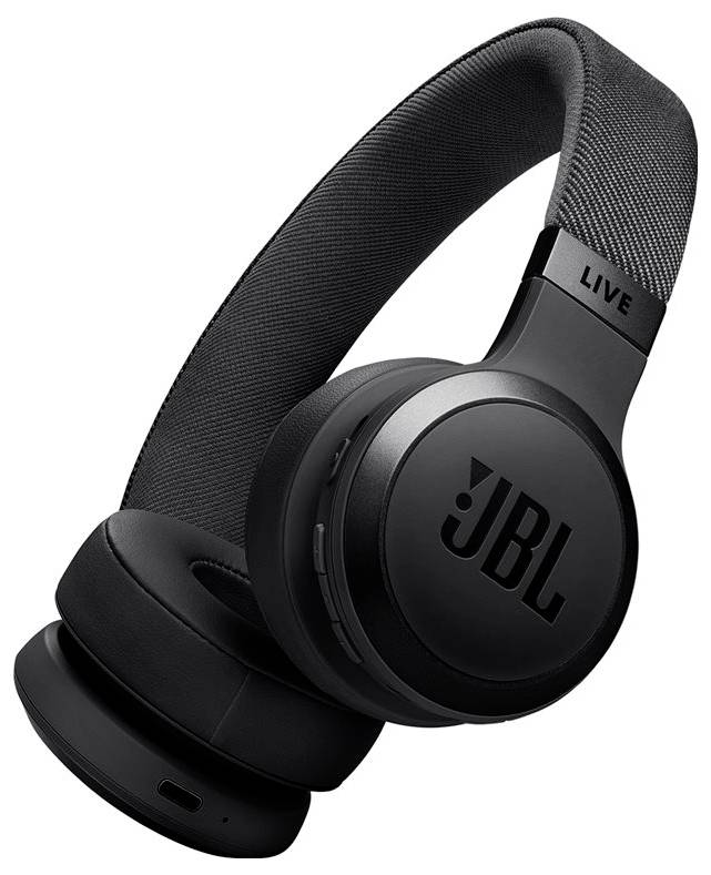 Fekete JBL feletti vezeték nélküli fejhallgató párnázott fülpárnákkal és szövet fejpánttal, a JBL logóval a fülkagylókon.