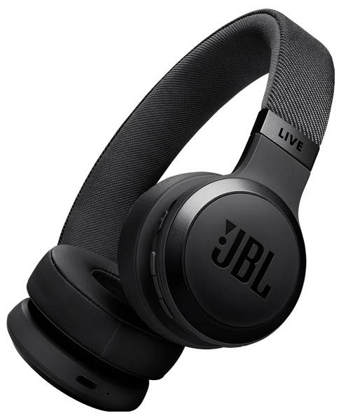 Fekete JBL over-ear vezeték nélküli fejhallgató párnázott fülpárnákkal és állítható fejpánttal. A logó látható az oldalakon.