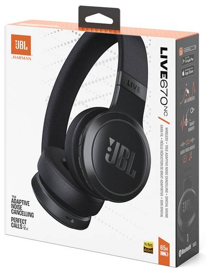 A JBL Live 670NC fejhallgató doboza, amelyen a fejhallgató képe látható. A szöveg kiemeli az adaptív zajszűrést, a Hi-Res hangminőséget és a Bluetooth 5.0 csatlakozási lehetőséget.