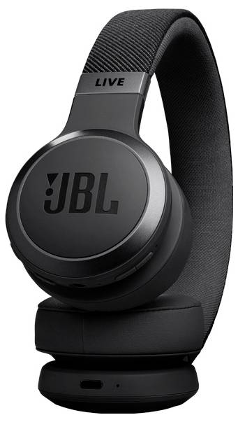 Fekete, fejpántos fejhallgató párnázott fejpánttal, a JBL logóval a fülkagyló oldalán.