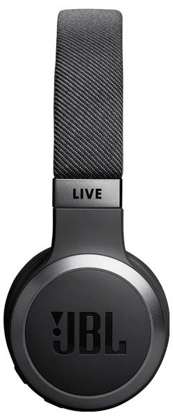 Fekete JBL fejhallgató, amelynek fejpántján a 'LIVE' felirat látható, kiemelve a JBL logót a fülkagyló oldalán.