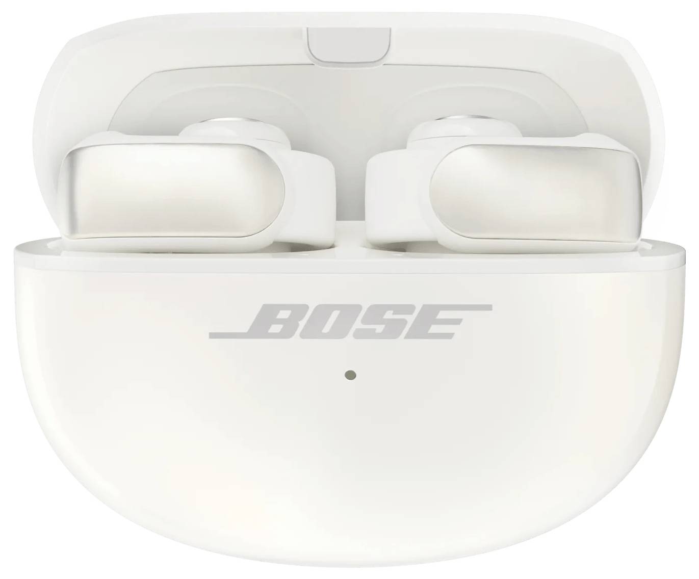 Egy fehér, nyitott töltőtokba helyezett vezeték nélküli fülhallgató-pár, amelynek elején a 'BOSE' logó látható.