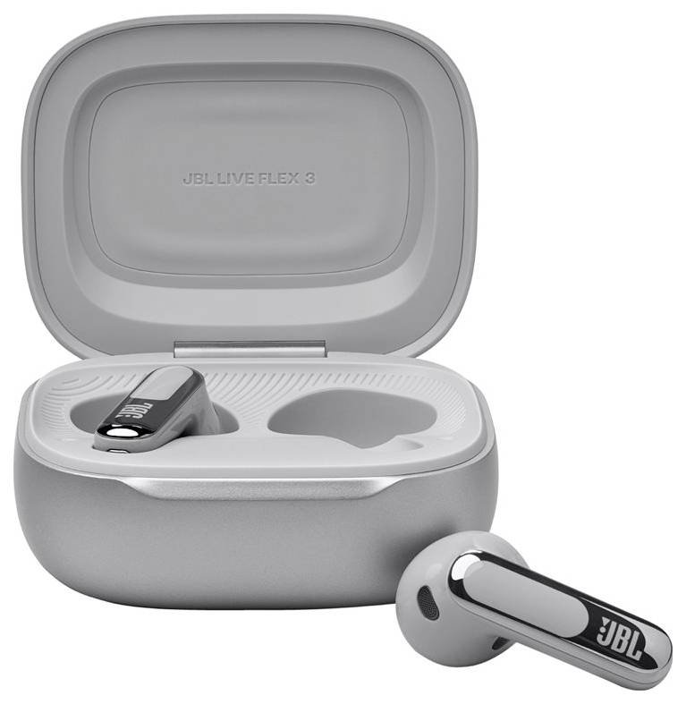 Ezüstszínű fülhallgató karcsú nyéllel, nyitott töltőtokkal együtt kiállítva. A tok belsejében a 'JBL LIVE FLEX 3' felirat látható.