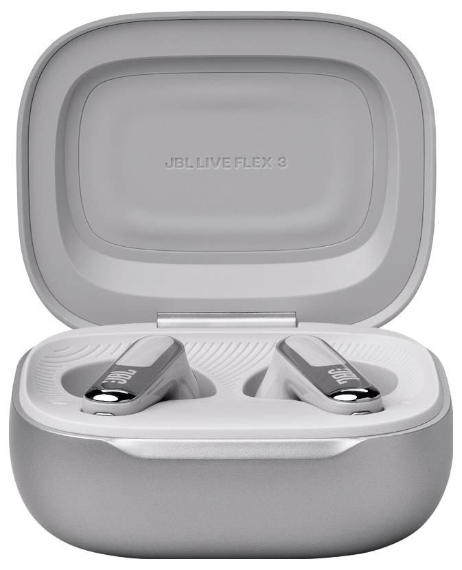 Ezüst vezeték nélküli fülhallgató tokkal, amelyen a 'JBL LIVE FLEX 3' felirat szerepel.