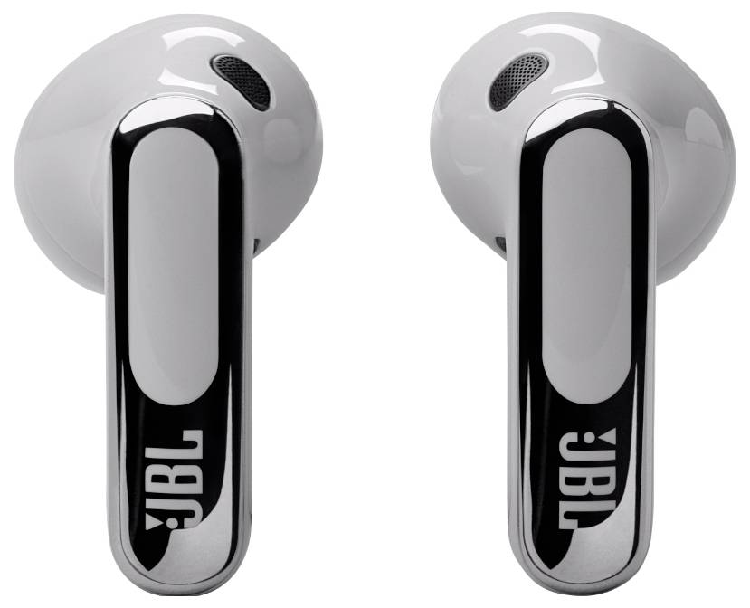 Egy fehér vezeték nélküli fülhallgató pár fekete részletekkel és JBL logóval, oldalról megmutatva a dizájnt.