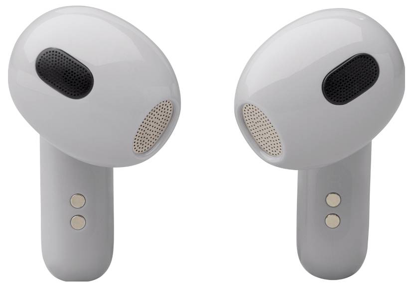 Két vezeték nélküli fülhallgató elegáns, ergonomikus kialakítással. Mindegyik fülhallgató két kis gombbal és hangkimeneti lyukacsos (mesh) részletekkel rendelkezik.