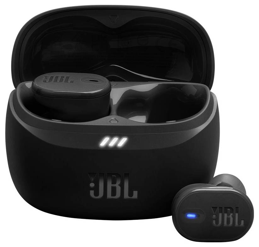 Fekete vezeték nélküli fülhallgatók töltőtokkal, mindkettő LED-jelzőkkel ellátva. A fülhallgatókon és a tokon egyaránt megtalálható a JBL logó.
