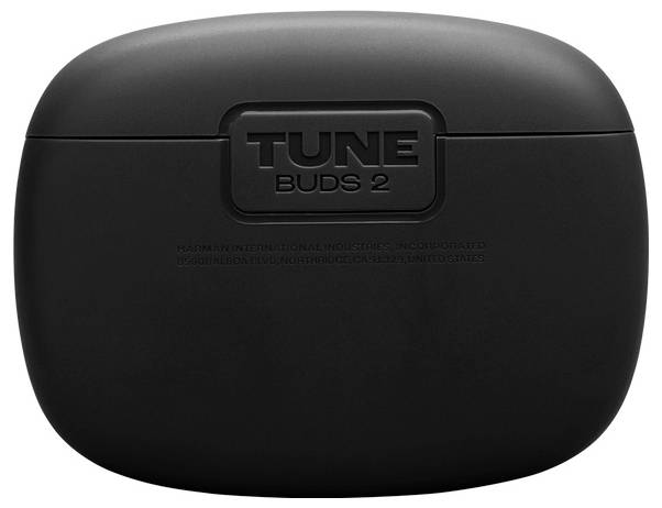 'Fekete fülhallgató töltődoboz, amelynek fedelén "Tune Buds 2" felirat van dombornyomva.'