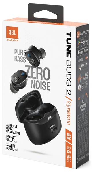 A JBL Tune Buds 2 True Wireless fülhallgató doboza adaptív zajszűréssel, tiszta basszussal, tökéletes hívásminőséggel és térhatású hanggal.