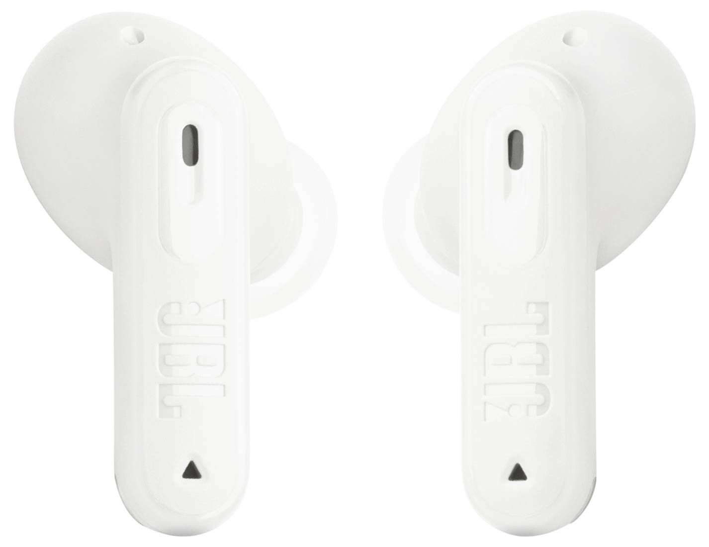 Fehér vezeték nélküli fülhallgatók JBL márkajelzéssel, elegáns kialakítással.