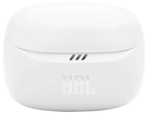 Fehér fülhallgató tok karcsú formatervezéssel és elöl dombornyomott 'JBL' logóval.