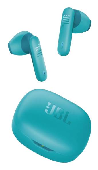 Türkiz JBL fülhallgató töltőtokkal, amelyen az 'L' és 'R' jelzésű fülhallgatók, valamint a JBL logó látható a tok tetején.
