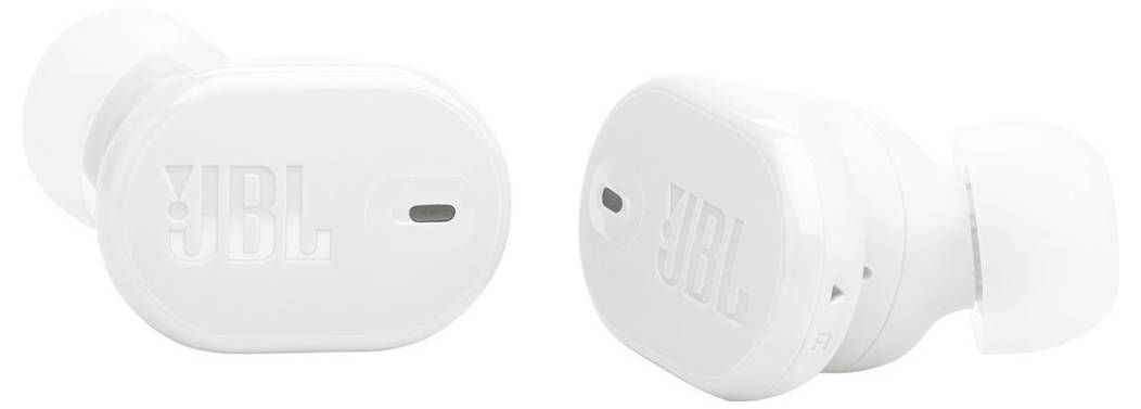Fehér JBL vezeték nélküli fülhallgatók oldalnézeti és elölnézeti képe.