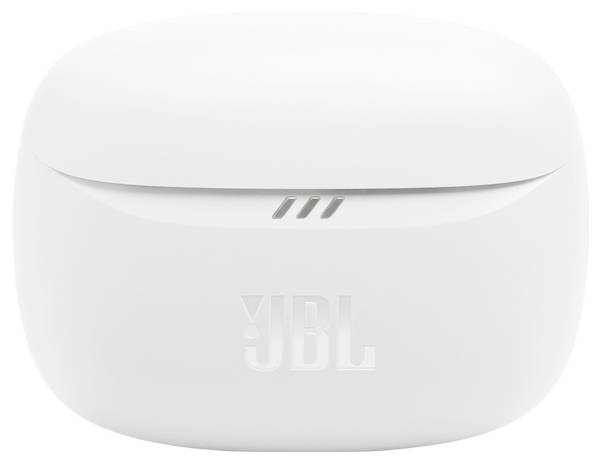 Fehér JBL fülhallgató töltőtok sima, lekerekített dizájnnal, amelyen elöl feltűnően szerepel a JBL logó.
