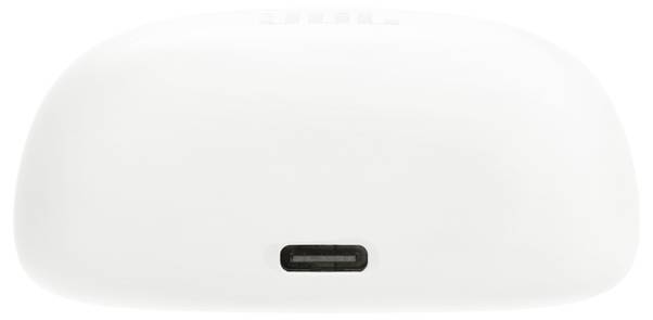 Egy fehér, kerekded tok, amelynek az alján középen egy USB-C töltőcsatlakozó helyezkedik el.