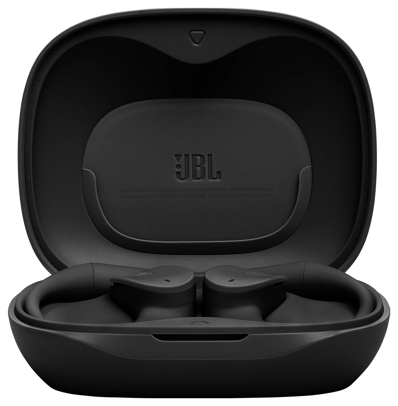 Nyitott töltőtokba helyezett fekete vezeték nélküli fülhallgatók, amelyeken a "JBL" márkajelzés látható.