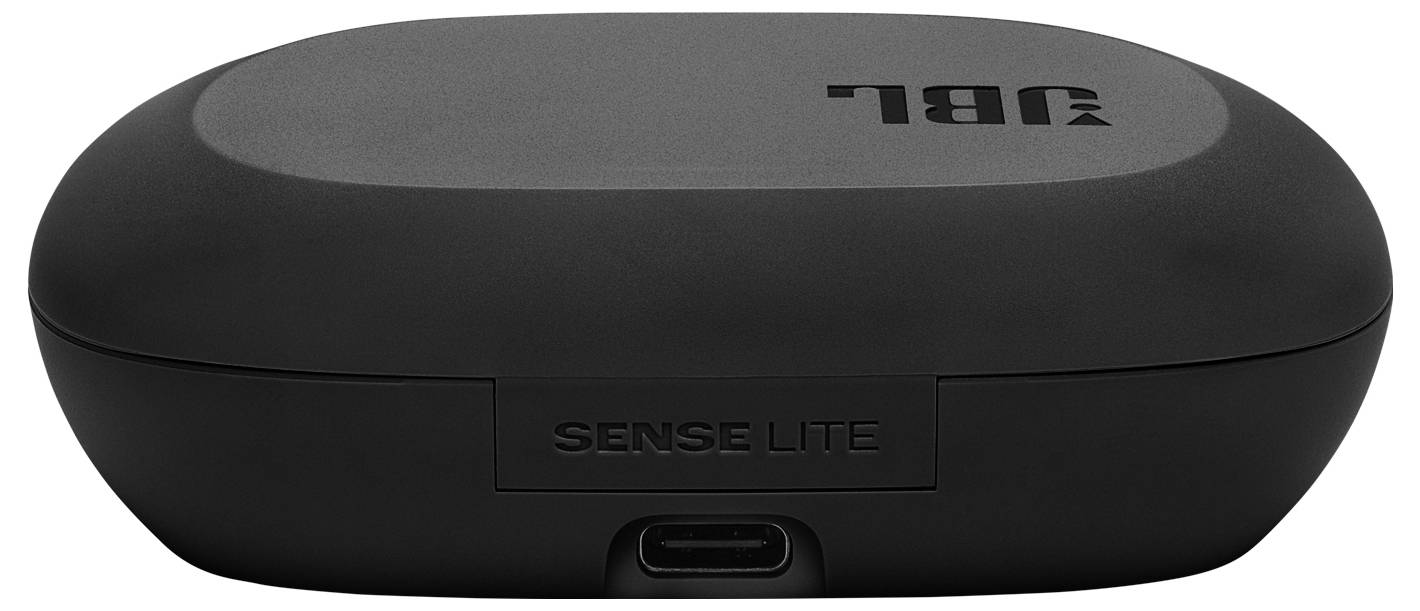 Egy fekete töltőtok vezeték nélküli fülhallgatókhoz, amelyen a 'SENSE LITE' felirat szerepel, a JBL logóval a fedelén.
