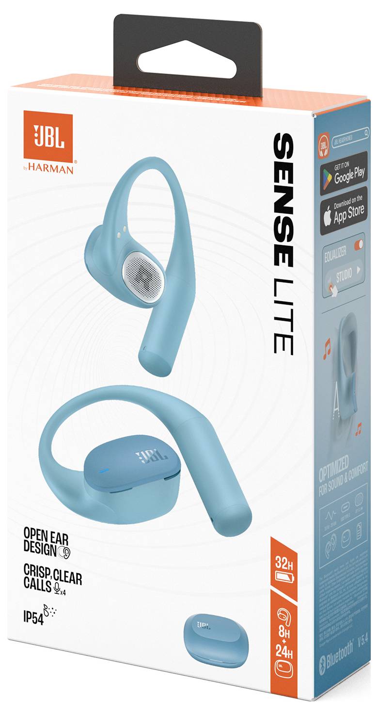 A JBL Sense Lite fülhallgató doboza, nyitott fülű kialakítással, IP54 védelemmel, 32 órás akkumulátor-élettartammal és Bluetooth-csatlakozással.