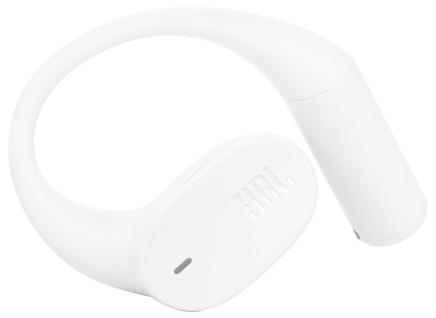 Egy fehér nyakpántos Bluetooth hangszóró a 'JBL' logóval, kompakt, íves kialakítással.