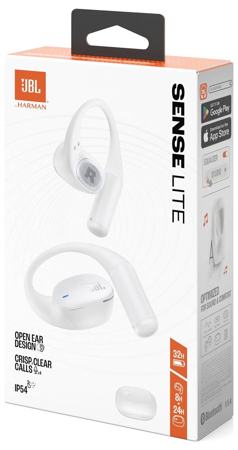 A JBL Sense Lite nyitott fülű fejhallgató doboza, amelyet alkalmazás-kompatibilitás, 32 órás akkumulátor-üzemidő, IP54 védettségi fokozat és ergonomikus kialakítás jellemez.