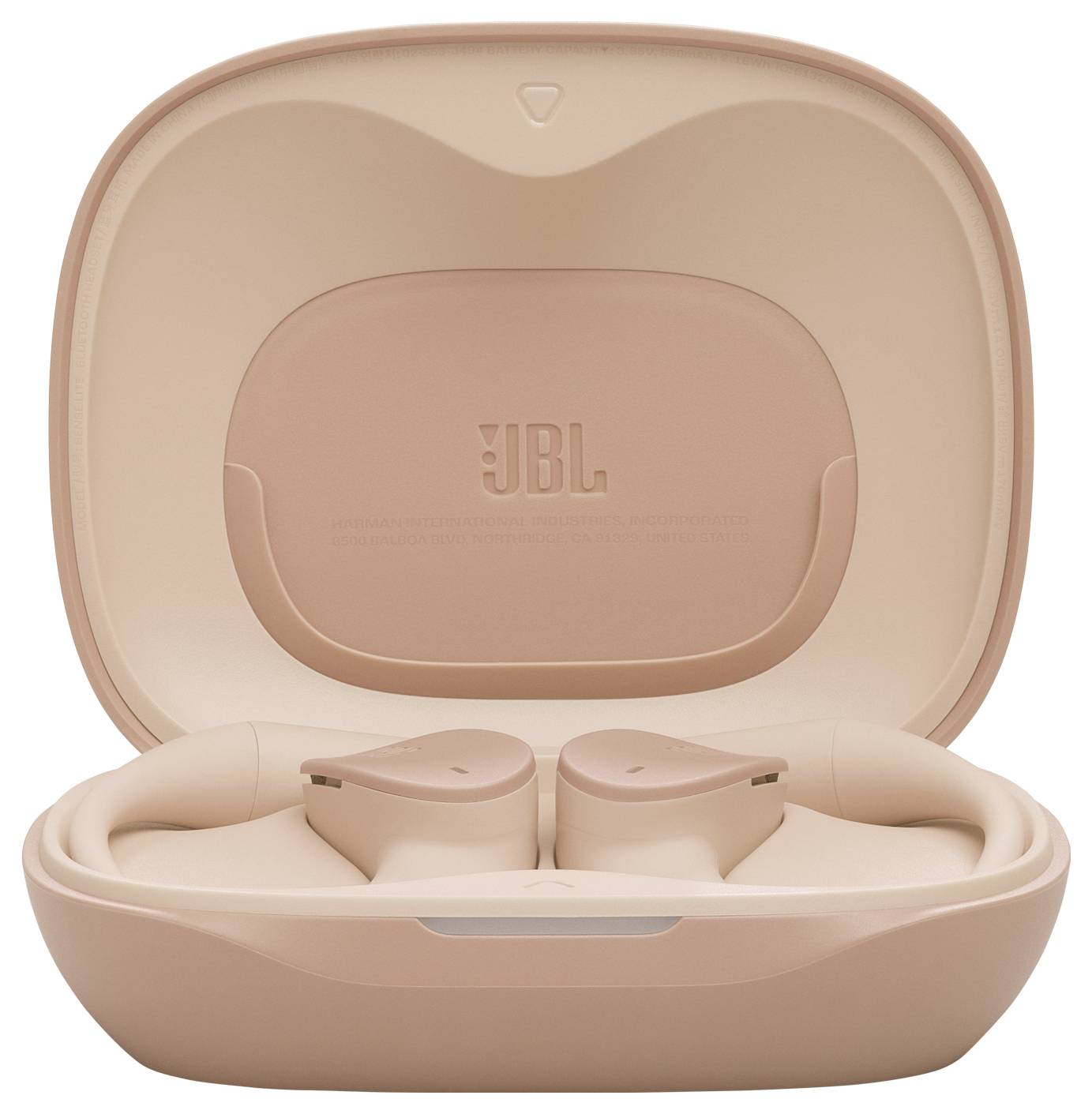 A JBL márka vezeték nélküli fülhallgatói töltőtokkal, rózsaszín színben, a tok nyitva, a fülhallgatók biztonságosan elhelyezve benne.