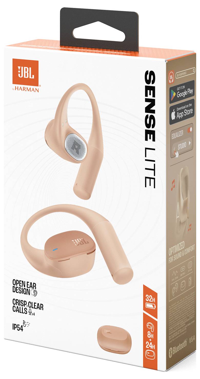 Egy doboz, amely JBL Sense Lite fülhallgatókat tartalmaz a következő részletekkel: 'Nyitott fülkialakítás', 'Kristálytiszta hívások', 'IP54', 32 óra akkumulátor-élettartam, alkalmazástámogatási logók.