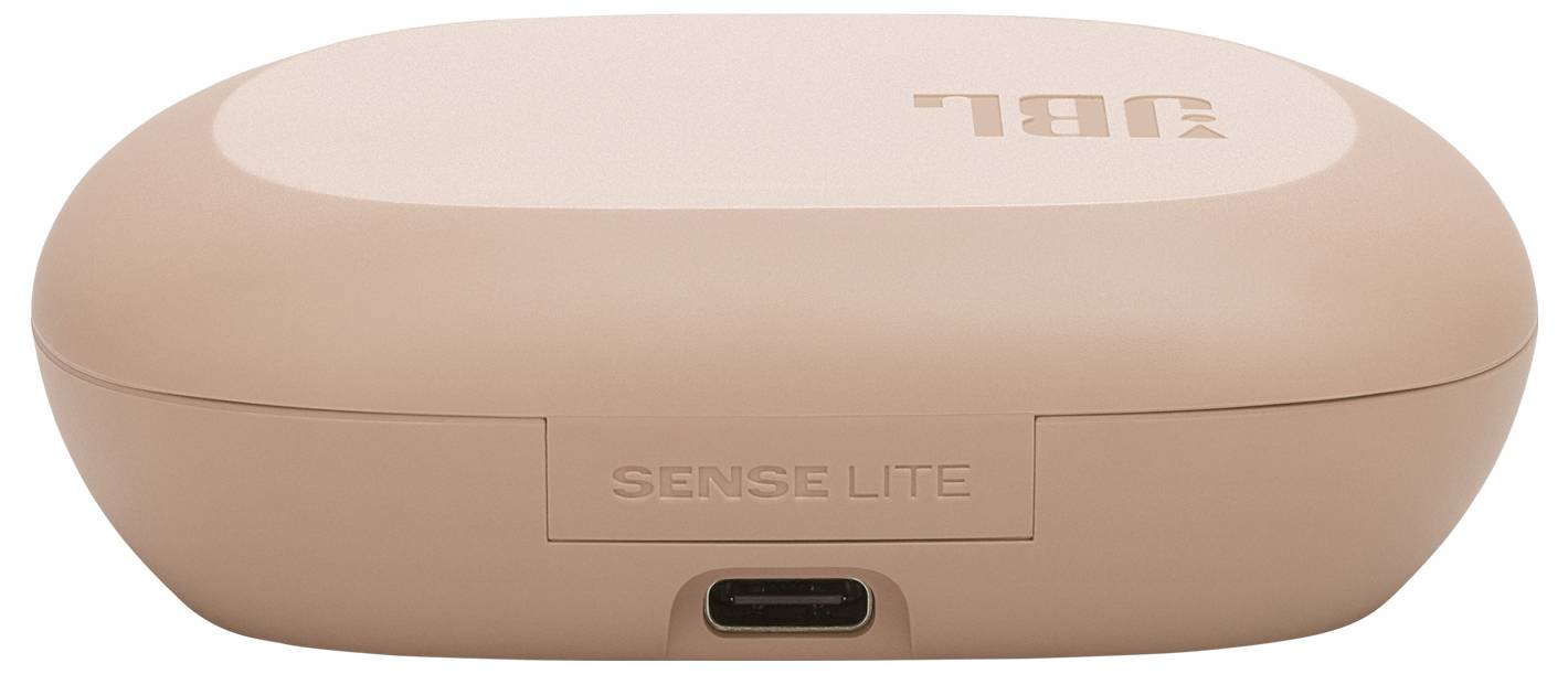 Rózsaszín fülhallgató töltőtok "JBL" logóval a tetején és "Sense Lite" felirattal egy USB-C port közelében.