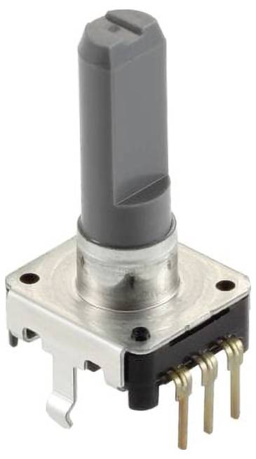 Egy szürke forgó jeladó hatszögletű tengellyel, négyzet alakú fémtalapzaton rögzítve. Négy arany érintkezőpont és fekete műanyag ház látható.