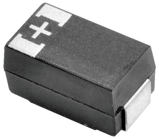 Egy fekete téglalap alakú elektronikai alkatrész, valószínűleg egy felületszerelt dióda, amelynek a tetején '+' szimbólum jelzi a polaritást.