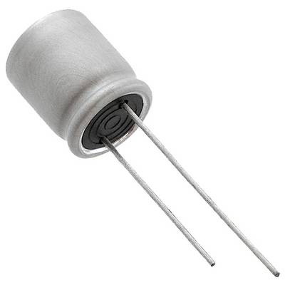 Egy hengeres fém elektrolit kondenzátor, amelynek két hosszú, egyenes drótvezetéke nyúlik ki az aljáról.