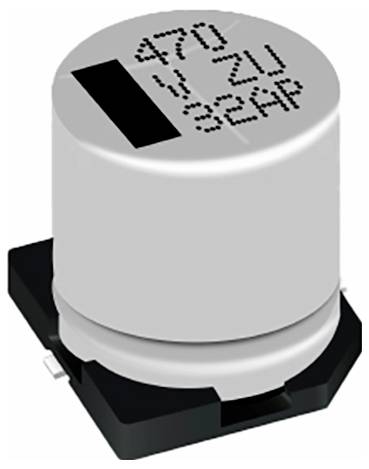 'Alumínium elektrolit kondenzátor a következő jelöléssel: 470, 6,3V ZU és 32AP.'