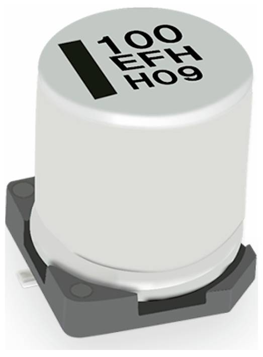 Egy '100 EFH H09' feliratú elektronikai kondenzátor látható, hengeres formában és fekete talapzatra szerelve.