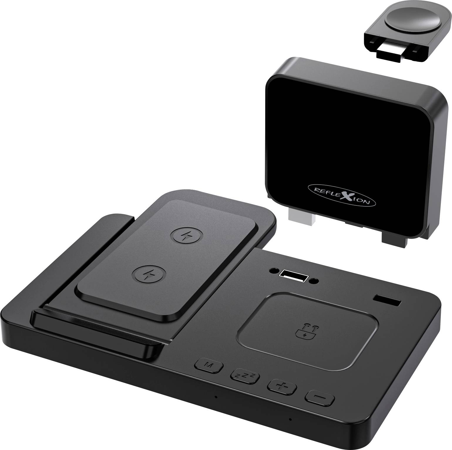 Egy karcsú fekete elektronikai eszköz töltőportokkal és vezeték nélküli töltőfelületekkel, egy leválasztható fekete alkatrésszel ellátva.