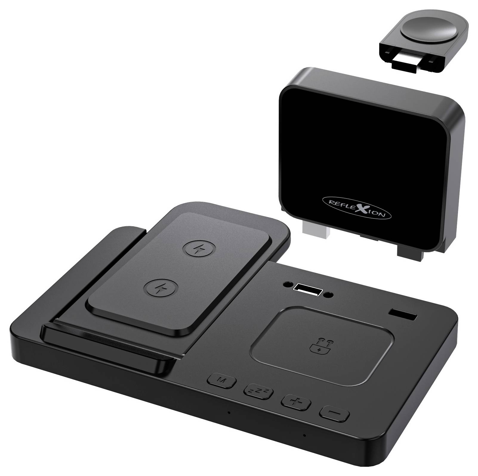 'Reflexion' fekete vezeték nélküli töltőpad két nyílással, bekapcsoló gombbal, USB-C porttal és egy kis, csatlakoztatható egységgel, amely moduláris kapcsolódást tesz lehetővé.