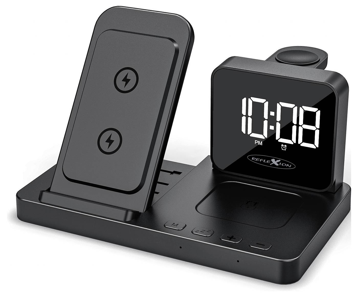 Fekete vezeték nélküli töltőállomás digitális órakijelzővel, amely 22:08-at mutat; okostelefonok és okosórák számára tervezve.