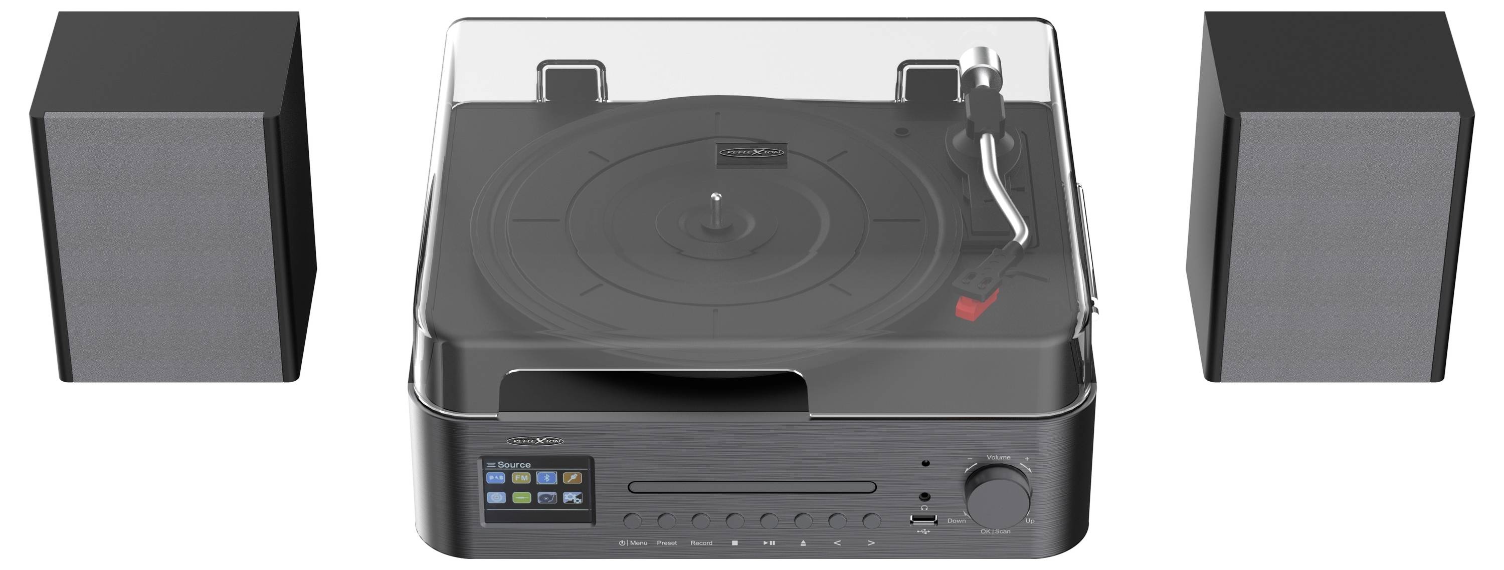 Egy modern lemezjátszó átlátszó porlepke védővel két fekete hangszóró között helyezkedik el. A lemezjátszón vezérlőtárcsák és digitális kijelző látható.