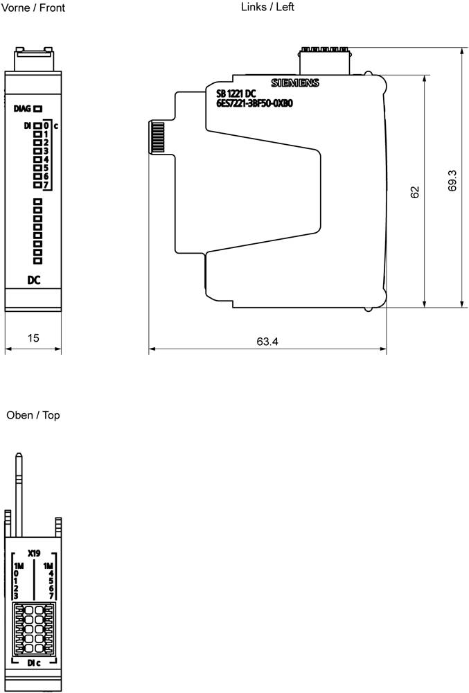 A kép egy elektronikus eszköz műszaki rajzát mutatja méretekkel. Elölnézet, oldalnézet és felülnézet van címkézve, a méretek milliméterben vannak feltüntetve.