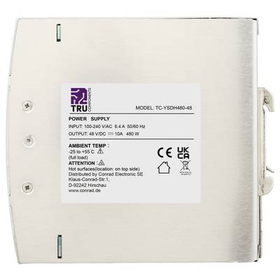 TRU Components modell TC-YSDH480-48, 48 VDC kimenet, 10 A, 480 W, biztonsági és CE/UKCA jelölésekkel ellátott fémes tápegység címkéje.