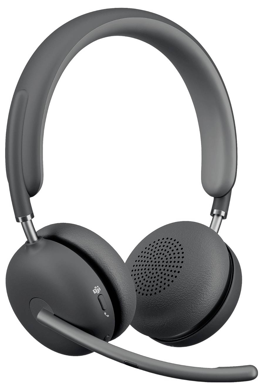 Egy fekete, vezeték nélküli headset mikrofonnal, amely audiokommunikációra lett tervezve.