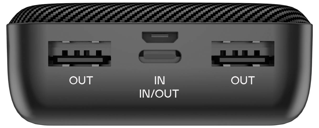 Egy fekete töltőeszköz két USB 'KI' porttal az oldalán és egy központi 'BE' micro USB és USB-C 'BE/KI' porttal.