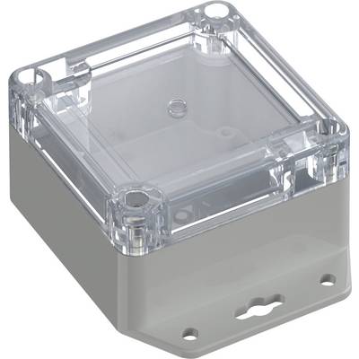 Egy átlátszó műanyag burkolat átlátszó tetővel, amely elektronikai alkatrészek védelmére szolgál, felülnézeti, enyhén döntött perspektívában.