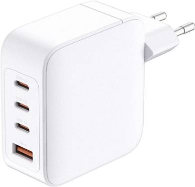 Egy fehér, több porttal rendelkező USB fali töltő három USB-C és egy USB-A porttal.