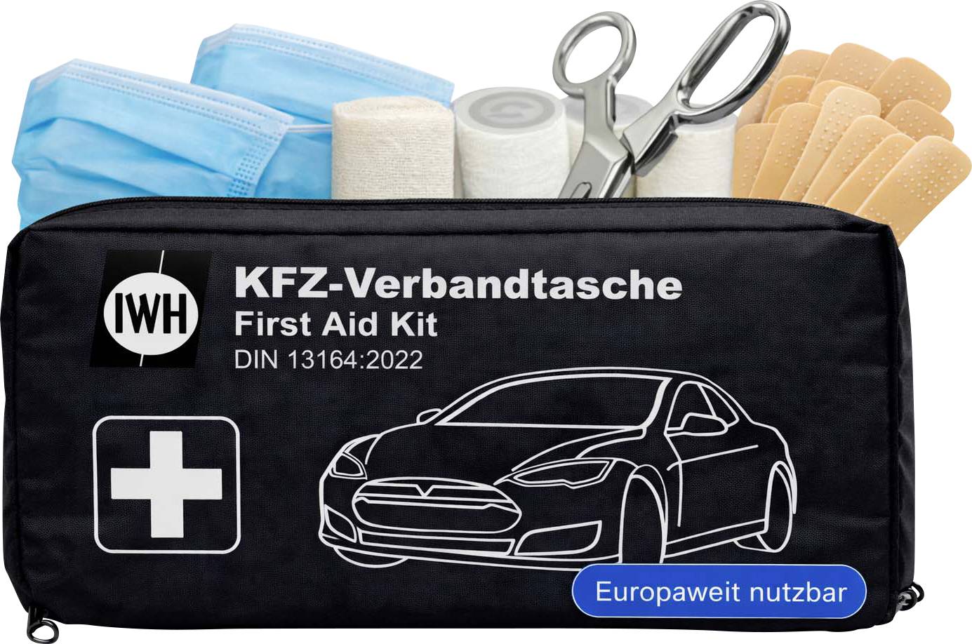 Egy "KFZ-Verbandtasche" feliratú elsősegély csomag orvosi készletekkel, amely maszkokat, kötszereket, ollót és gézt tartalmaz, egy autó illusztrációval ellátva.