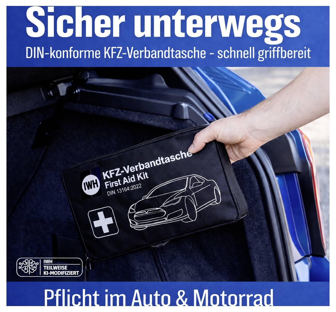 # Fordítás:<br><br>Reklámplakát egy DIN-szabványnak megfelelő autós elsősegély csomaghoz; kéz tartja a táskát a csomagtartóban, szöveg: "Biztonságos utazás" és "Kötelező az autóban és a motorbicikliben".